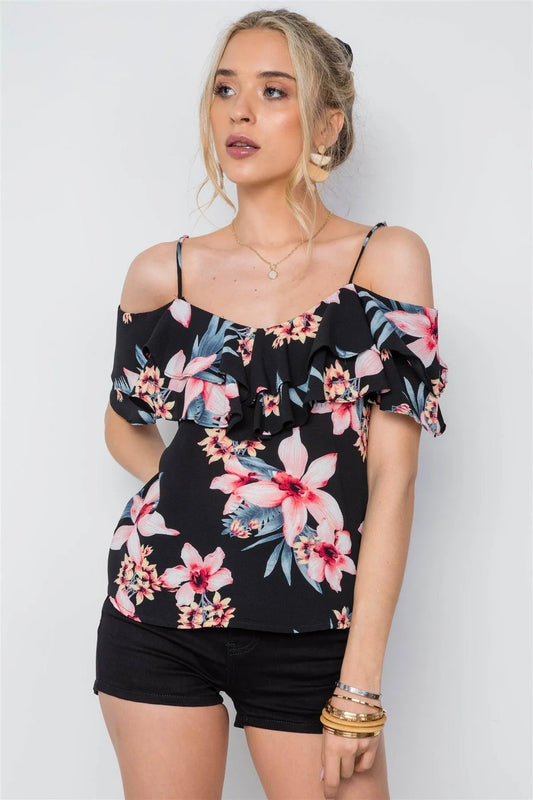 Black Tropical Floral Print Cami Flounce Coral /2-2 - Tasha Apparel Wholesale
