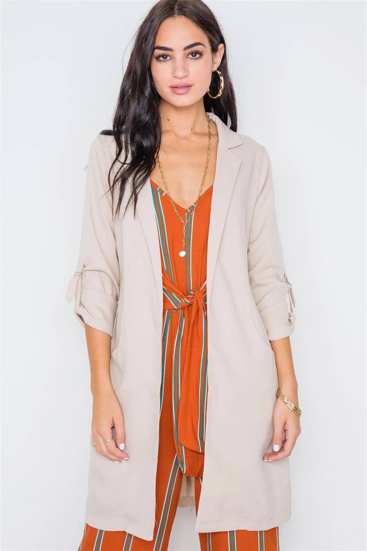 Sand Solid Long Sleeve Longline Jacket /2-2-2 - Tasha Apparel Wholesale