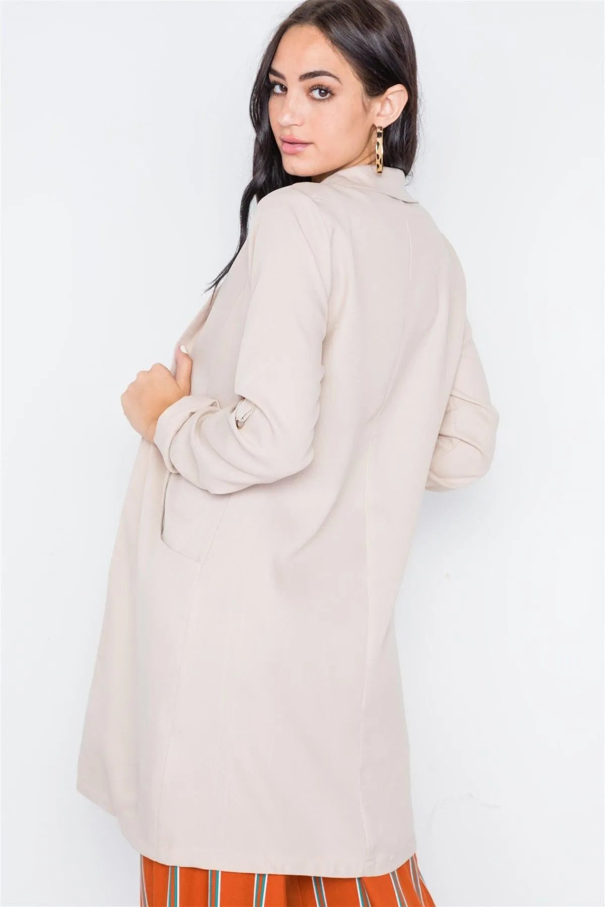 Sand Solid Long Sleeve Longline Jacket /2-2-2 - Tasha Apparel Wholesale