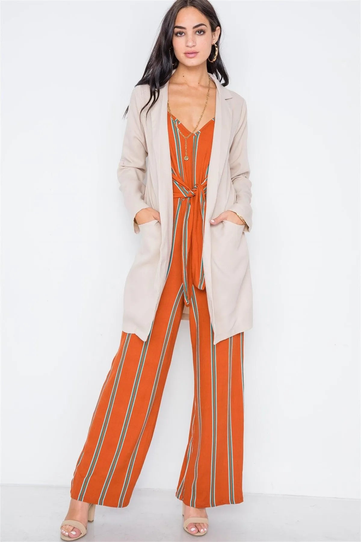 Sand Solid Long Sleeve Longline Jacket /2-2-2 - Tasha Apparel Wholesale