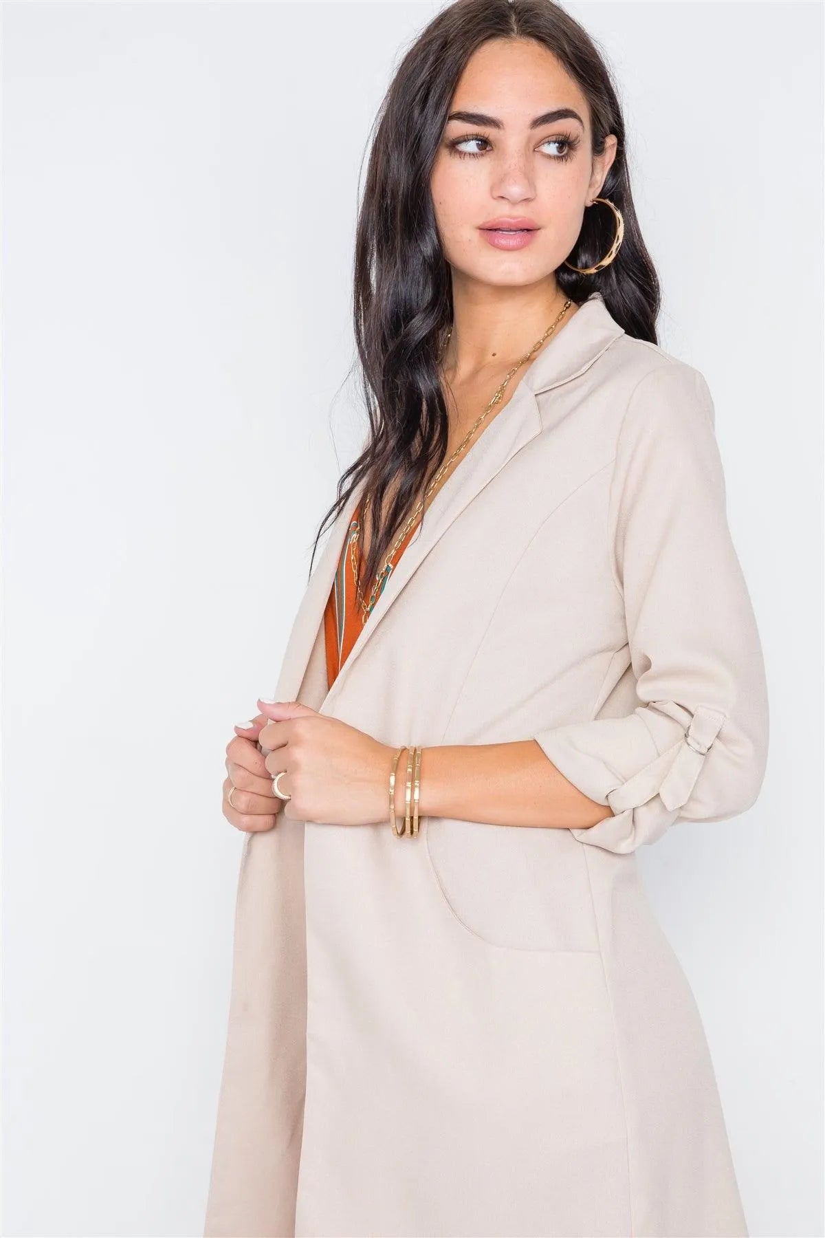 Sand Solid Long Sleeve Longline Jacket /2-2-2 - Tasha Apparel Wholesale