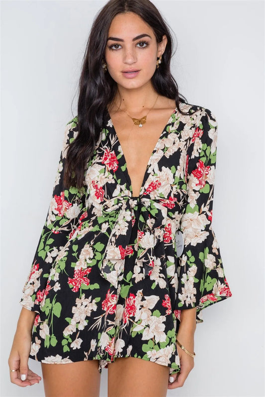 Black Floral Plunging Tie-Front Bell Sleeve Romper /2-2-2 - Tasha Apparel Wholesale