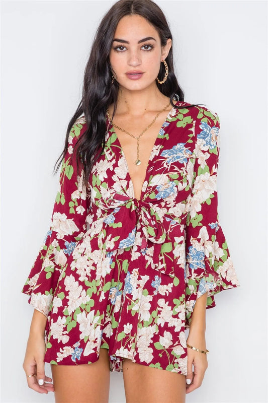 Wine Floral Plunging Tie-Front Bell Sleeve Romper /2-2-2 - Tasha Apparel Wholesale