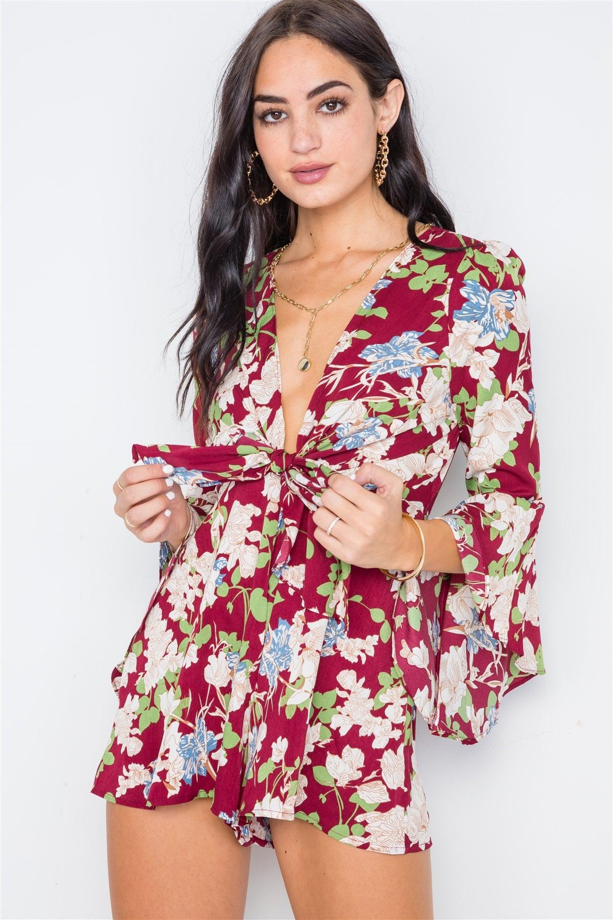 Wine Floral Plunging Tie-Front Bell Sleeve Romper /2-2-2