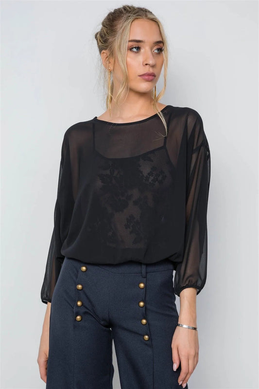 Black Combo Lace Chiffon Batwing Bodysuit /2-2-2 - Tasha Apparel Wholesale
