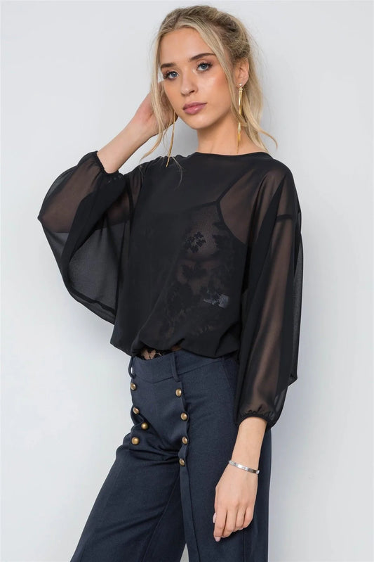 Black Combo Lace Chiffon Batwing Bodysuit /2-3-2 - Tasha Apparel Wholesale