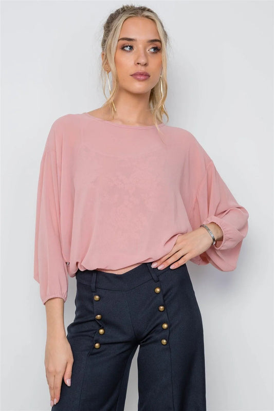 Blush Combo Lace Chiffon Batwing Bodysuit /2-2-2 - Tasha Apparel Wholesale