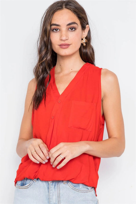 Tomato Surplice Neck Button Front Sleeveless Top - Tasha Apparel Wholesale