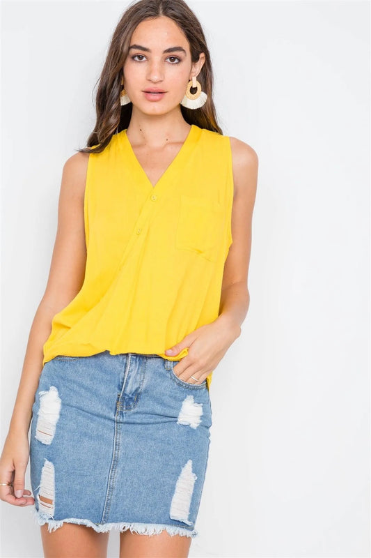 Yellow Surplice Neck Button Front Sleeveless Top - Tasha Apparel Wholesale