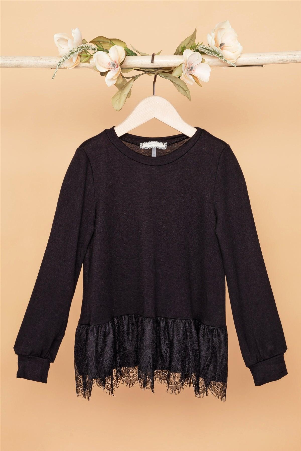 Girls Black Knit Long Sleeve Lace Hem Sweater /2-3