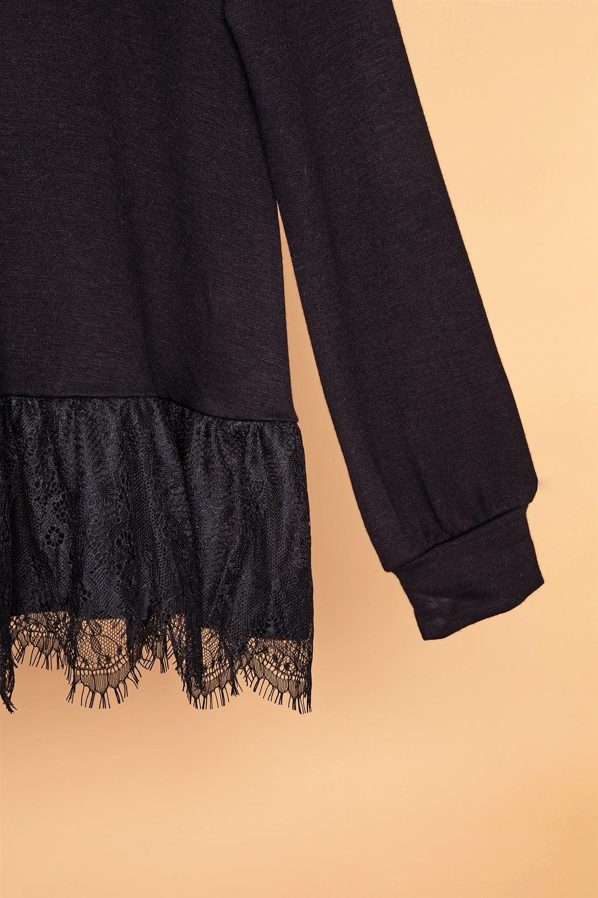 Girls Black Knit Long Sleeve Lace Hem Sweater /1-2-2-1