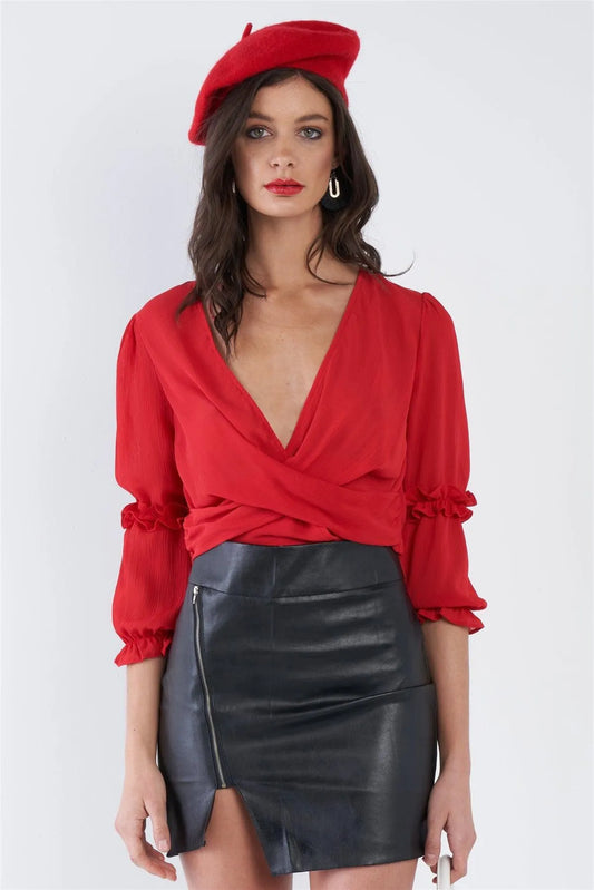 Red Sheer Chiffon Tiered Ruffle Puff Sleeve Crop V-Neck Top /2-2-2 - Tasha Apparel Wholesale