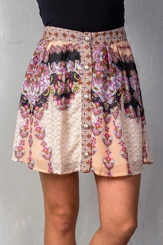 Rose & Floral Button Down Flared Chiffon Light Mini Skirt /2-2-2 - Tasha Apparel Wholesale