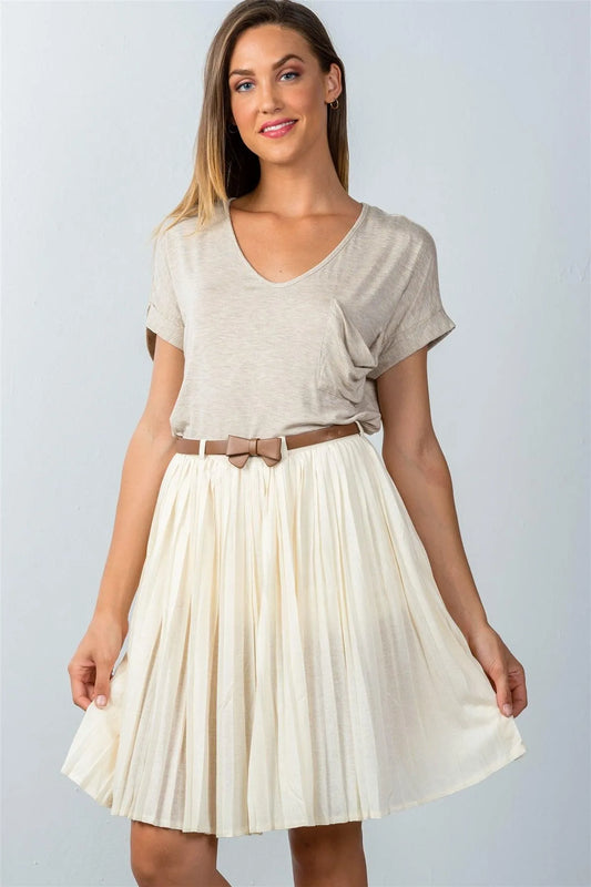 Ivory Pleated Belted Mini Skirt /2-5 - Tasha Apparel Wholesale