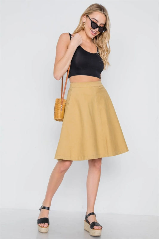 Khaki High Waist A-Line Solid Midi Skirt /2-2-1 - Tasha Apparel Wholesale