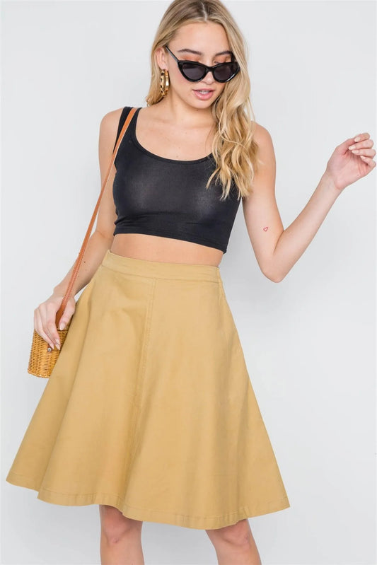 Khaki High Waist Solid A-Line Midi Skirt /1-2-2-1 - Tasha Apparel Wholesale