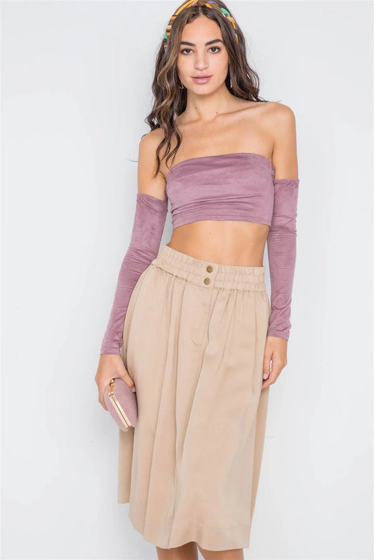Khaki High-Waist Solid Midi Skirt /1-2-2-1 - Tasha Apparel Wholesale