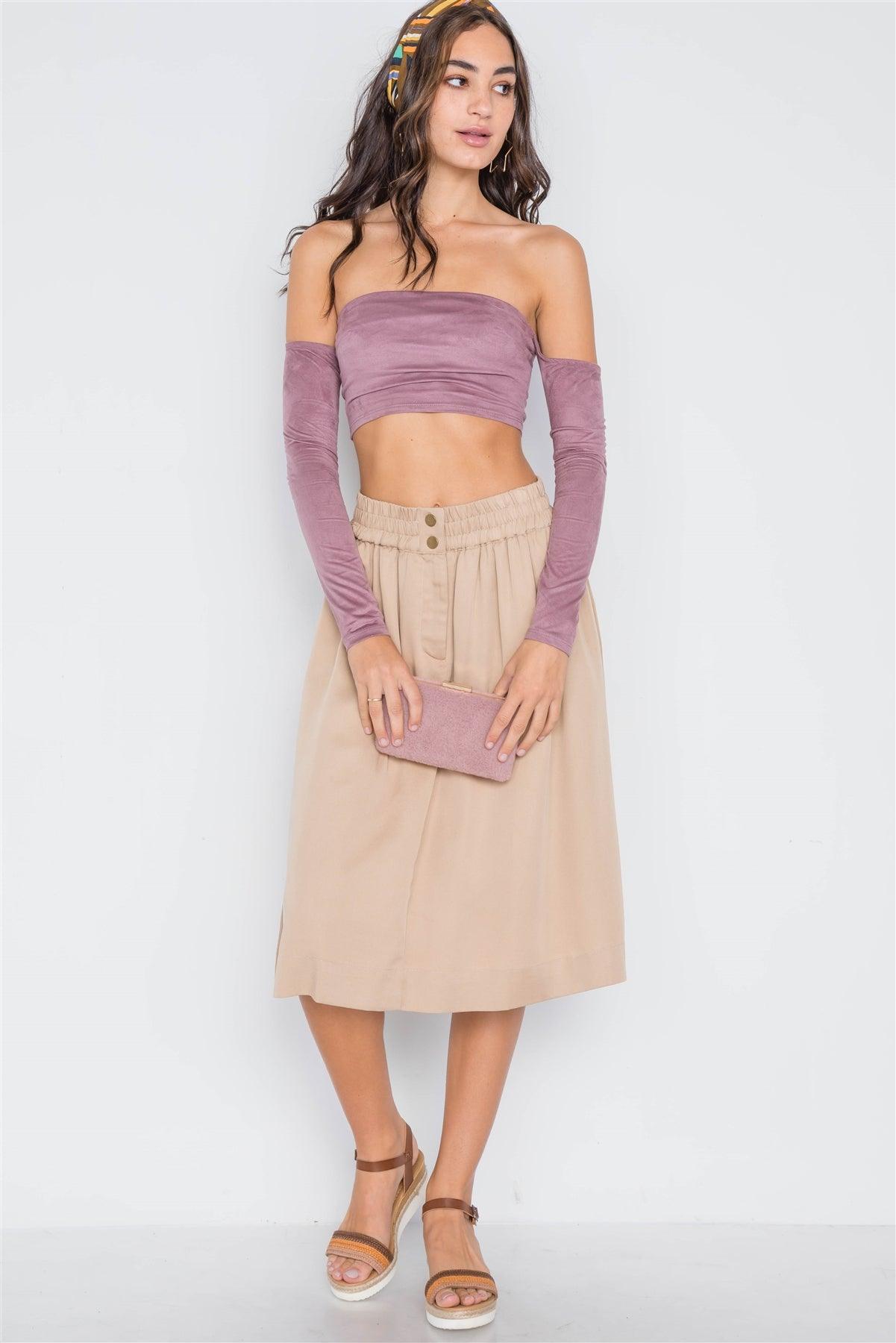 Khaki High-Waist Solid Midi Skirt /1-2-2-1