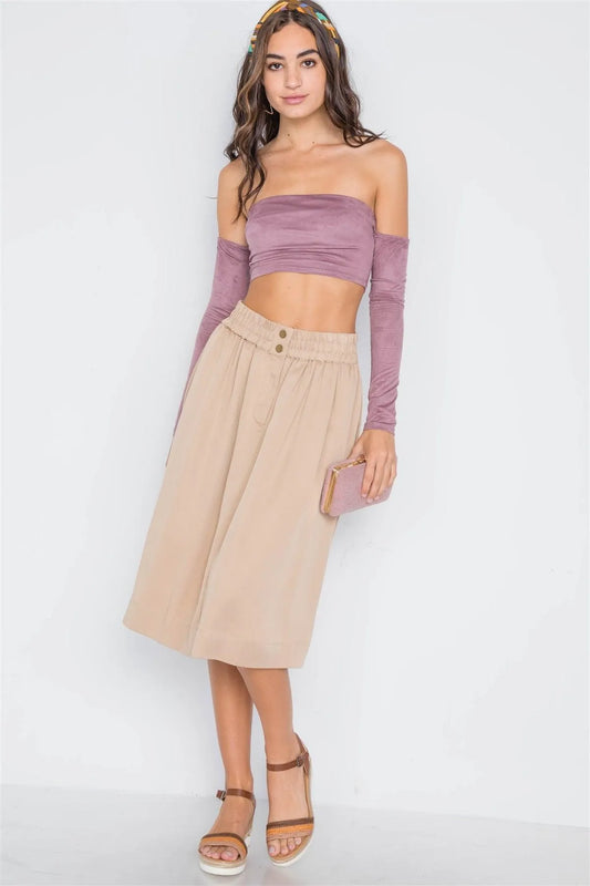 Khaki High-Waist Solid Midi Skirt /1-1-3-1 - Tasha Apparel Wholesale