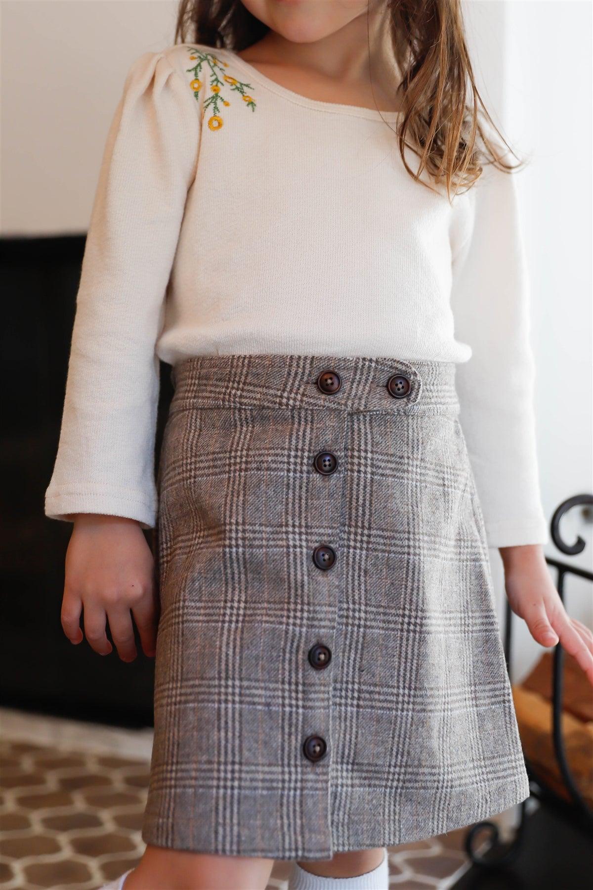 Toddler Girls Tan Plaid Wool Front Button Up Mini Skirt /1-2-2-1