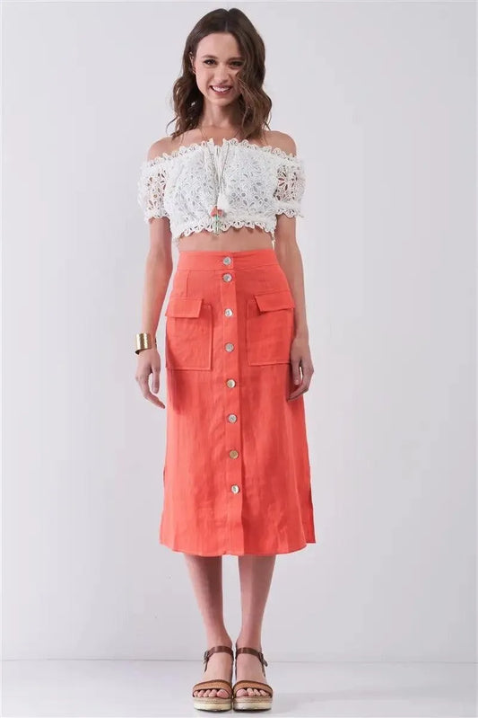 Santorini Coral Linen Rainbow Pearl Button Midi Skirt - Tasha Apparel Wholesale