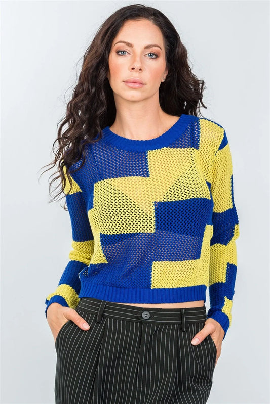 Blue Lime Color-Block Knitted Mesh Top / 2-2-2 - Tasha Apparel Wholesale