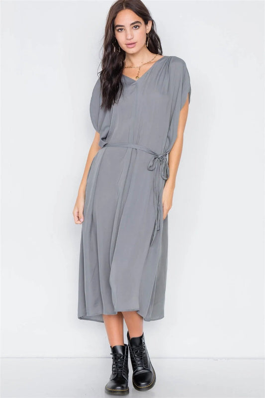 Olive Grey Satin High-Low Midi Dress - Tasha Apparel Wholesale