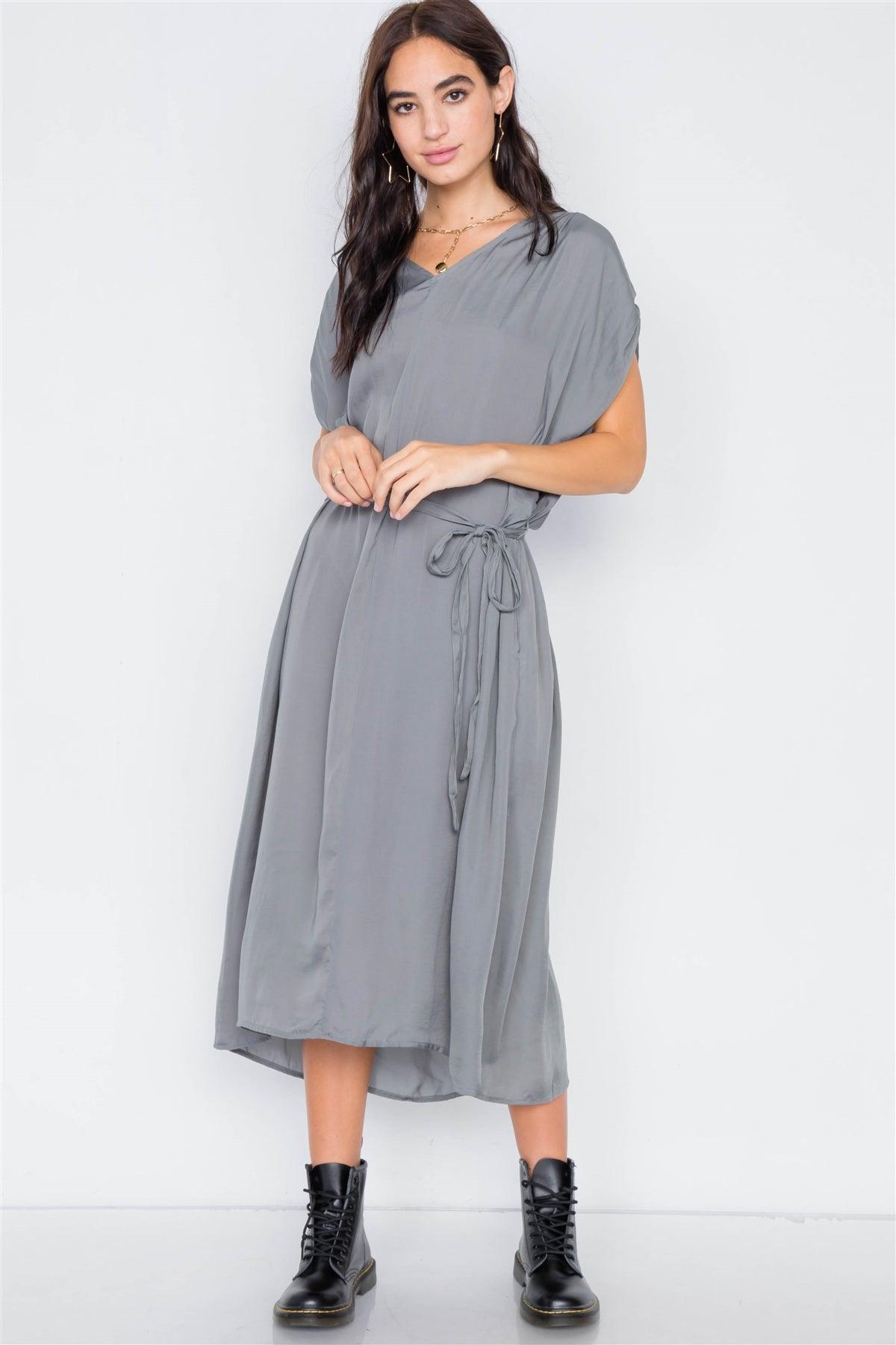 Olive Grey Satin High-Low Midi Dress