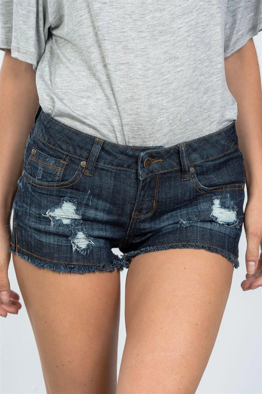 Denim Raw Hem Distressed Shorts / 2-1-3 - Tasha Apparel Wholesale