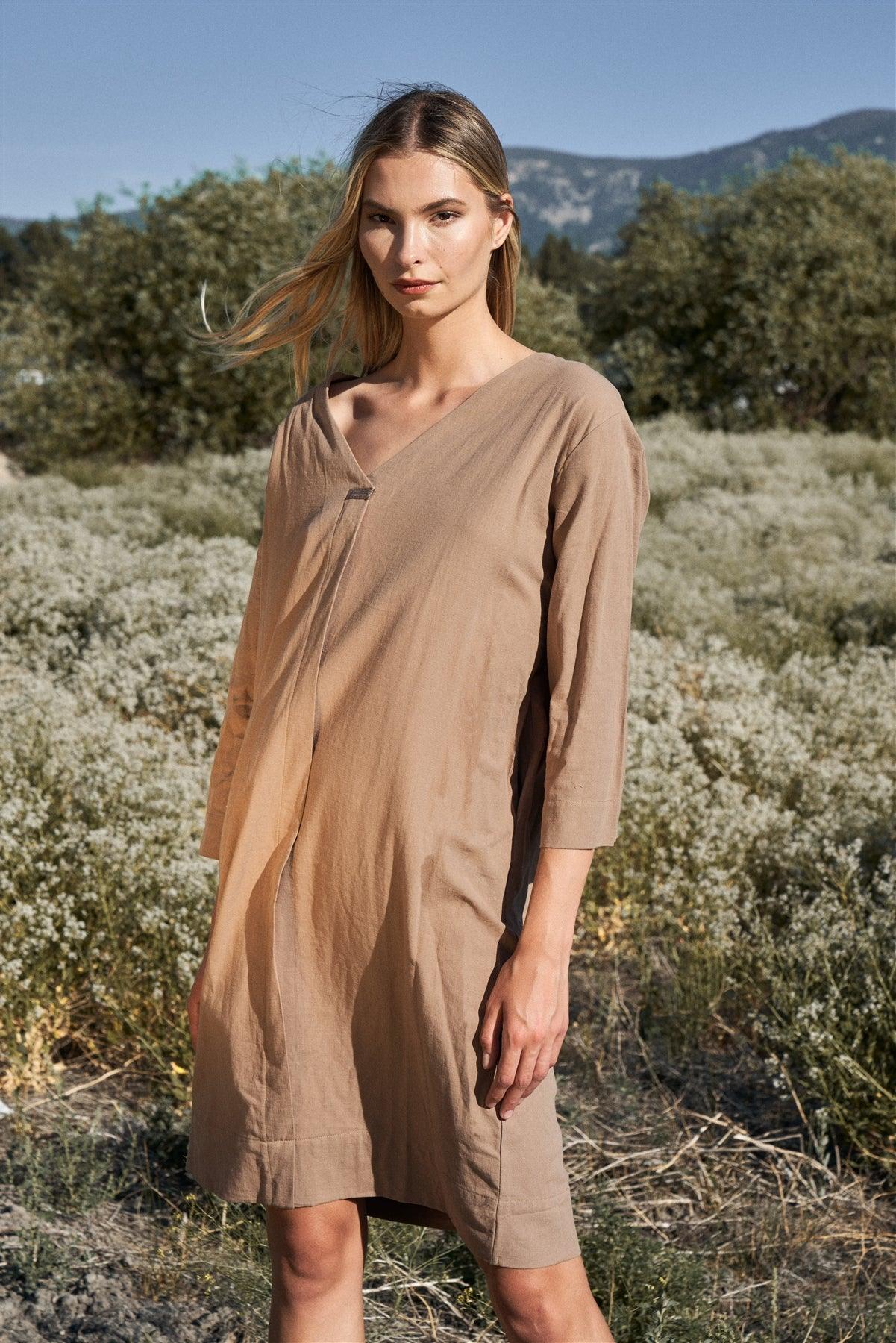 Desert Sun Umber Boho Solid Arabian Bisht-Inspired Shirt Dress /4-2