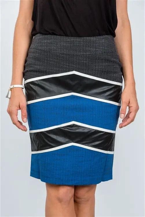 Blue Color-Block Pencil Elegant Midi Skirt