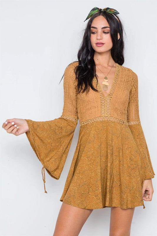 Tan Crochet Bell Sleeves V-Neck Boho Mini Dress /1-3-2-1 - Tasha Apparel Wholesale