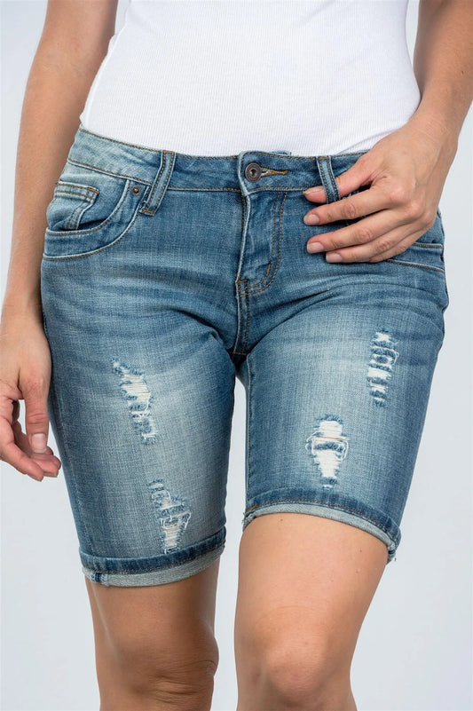 Light Denim Distressed Bermuda Shorts / 4-2 - Tasha Apparel Wholesale