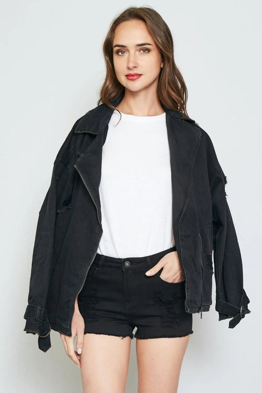Black Distressed Raw Hem Boho Denim Short - Tasha Apparel Wholesale