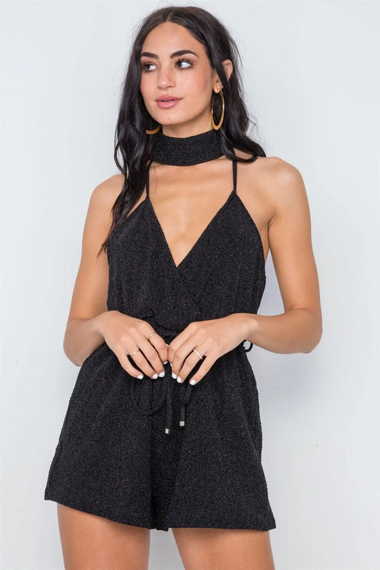 Black Mock Neck Cami Evening Romper /1-3-2-1 - Tasha Apparel Wholesale