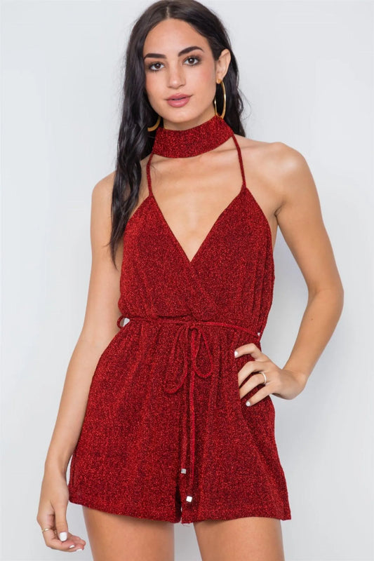 Red Mock Neck Cami Evening Romper /1-3-2-1 - Tasha Apparel Wholesale