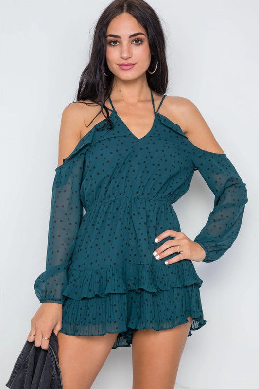 Forest Green Chiffon Cold Shoulder Cami Polka Dot Romper /1-3-2-1 - Tasha Apparel Wholesale