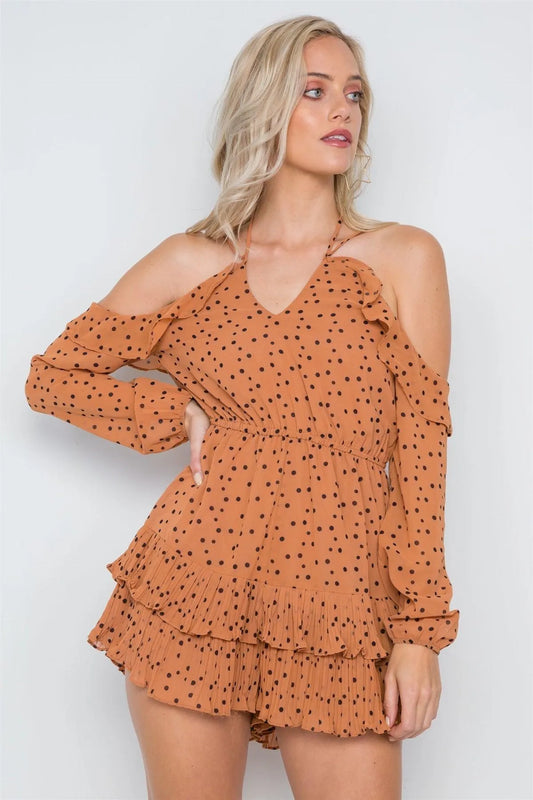 Mocha Chiffon Cold Shoulder Cami Polka Dot Romper /1-3-2-1 - Tasha Apparel Wholesale
