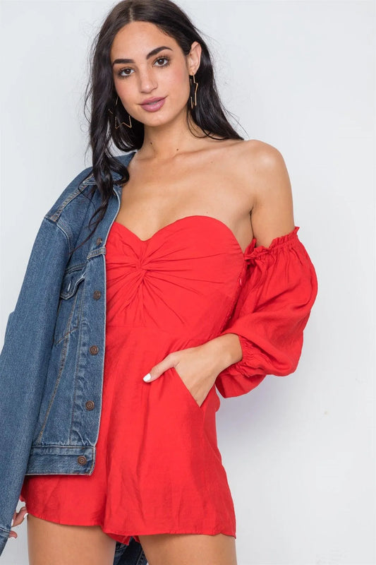 Red Sweetheart Neckline Puff Sleeves Romper /1-3-2-1 - Tasha Apparel Wholesale