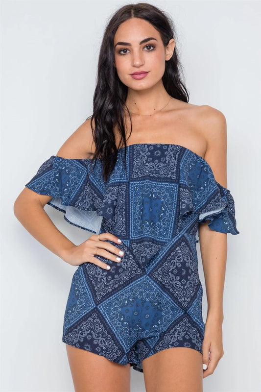 Navy Bandana Print Off-The-Shoulder Flounce Romper /1-3-2-1 - Tasha Apparel Wholesale