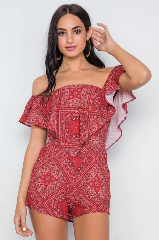 Red Bandana Print Off-The-Shoulder Flounce Romper /1-3-2-1 - Tasha Apparel Wholesale