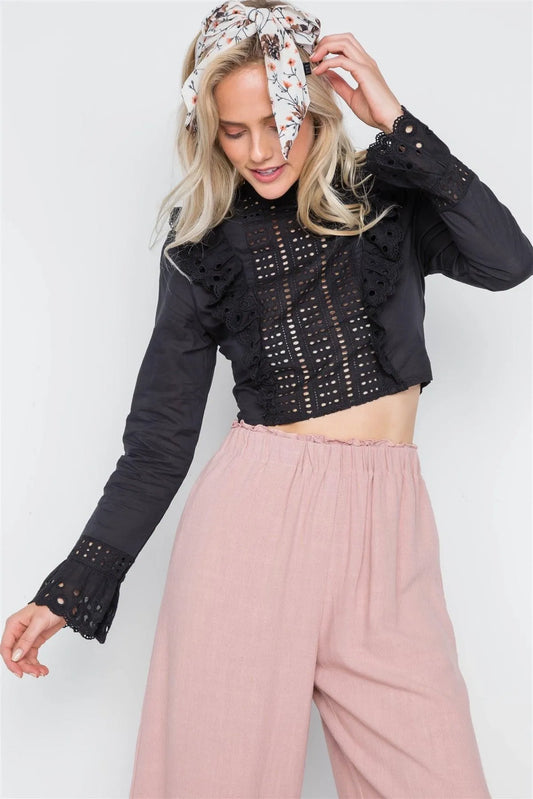 Black Ruffle Embroidery Mock-Neck Crop Top /2-2-1 - Tasha Apparel Wholesale