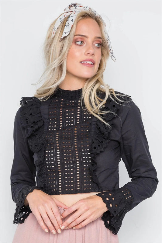 Black Ruffle Embroidery Mock-Neck Crop Top /1-3-2-1 - Tasha Apparel Wholesale