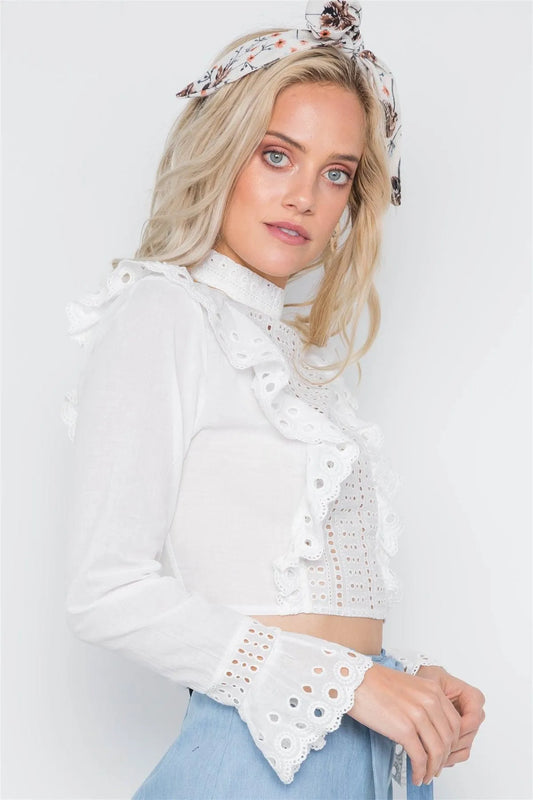 White Ruffle Embroidery Mock-Neck Crop Top /1-3-2-1 - Tasha Apparel Wholesale