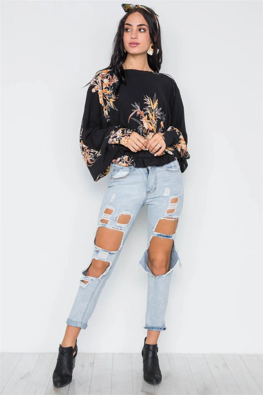 Black Tropical Floral Print Batwing Top / One Size - 6 pieces - Tasha Apparel Wholesale