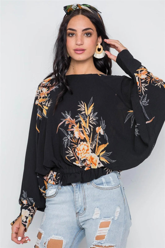 Black Tropical Floral Print Batwing Top/7 - Tasha Apparel Wholesale