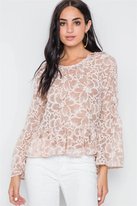 Mocha Sheer Floral Lace Bell Sleeve Top /1-3-2-1 - Tasha Apparel Wholesale