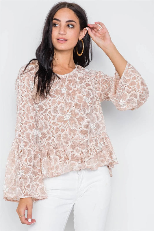Mocha Sheer Floral Lace Bell Sleeve Top /1-4-2-1 - Tasha Apparel Wholesale