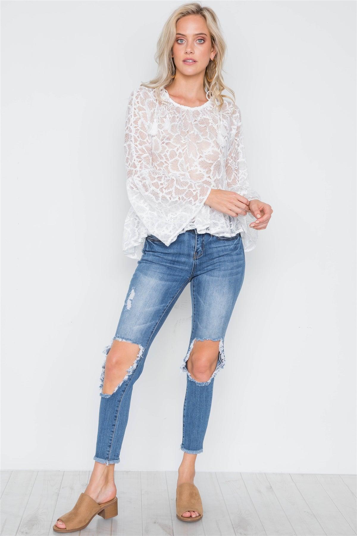 White Sheer Floral Lace Bell Sleeve Top /1-3-2-1