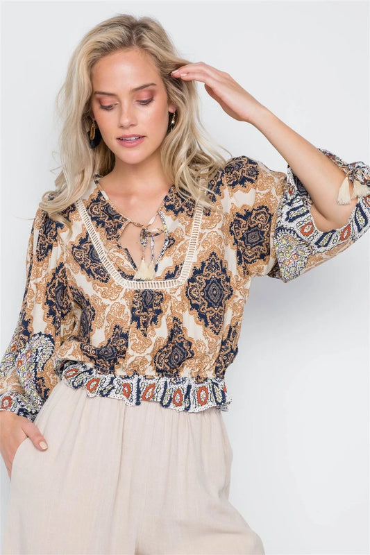 Beige Multi Print Bell Sleeve Crop Boho Top /1-3-2-1 - Tasha Apparel Wholesale